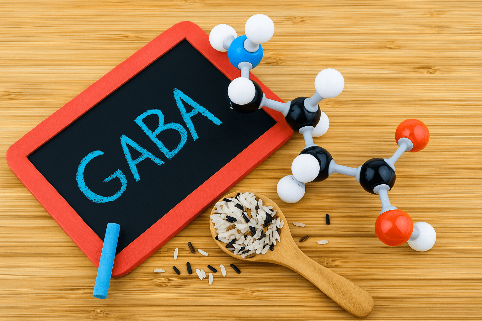 המחשה של מולקולת GABA, כתיבה על לוח וצמחים טבעיים – תוספי GABA טבעיים לשיפור מצב הרוח והרגעה עצבית